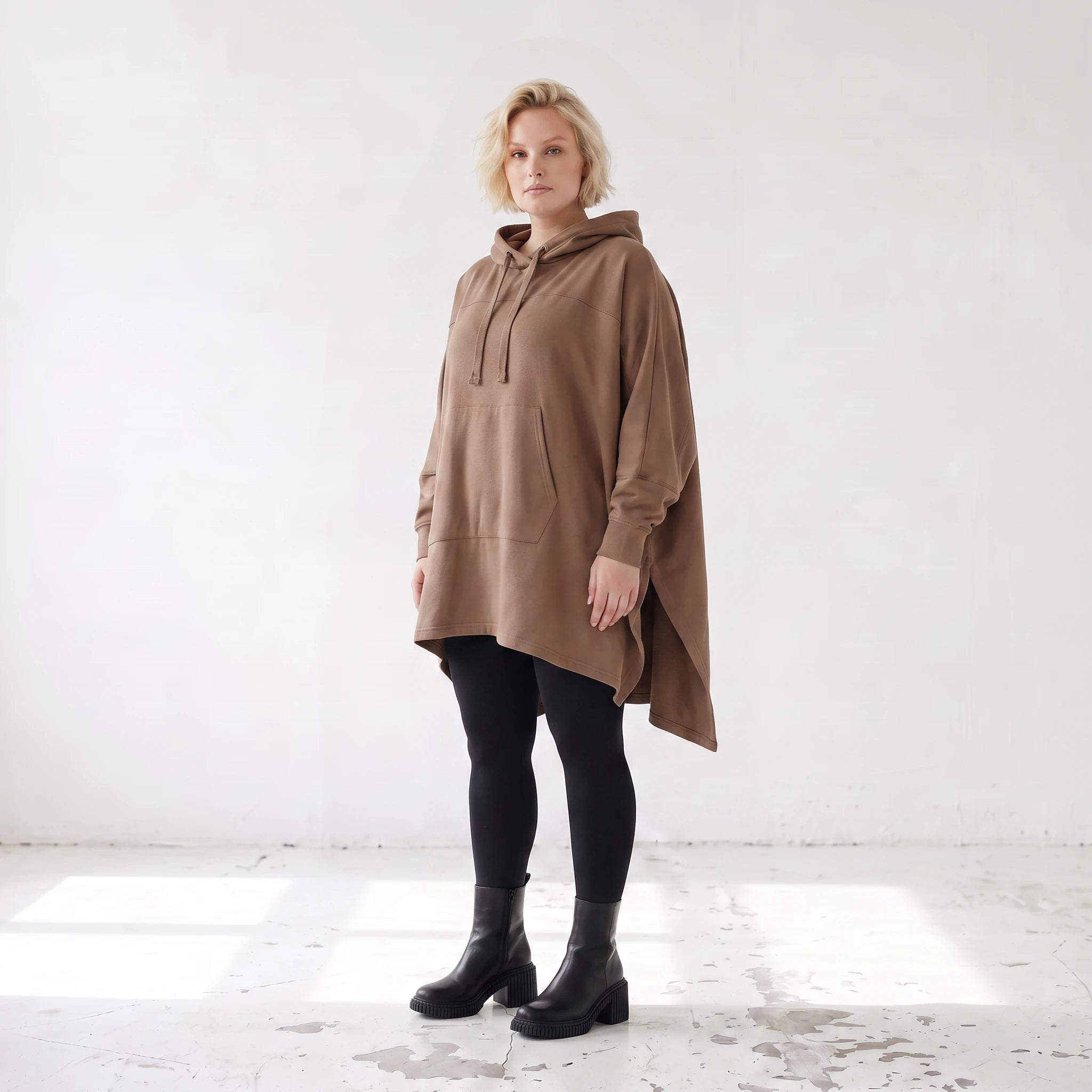 Damen Poncho Lagenlook Baumwolle Braun, kastiger Schnitt, Kapuze, Oversize große Größen – Rafay