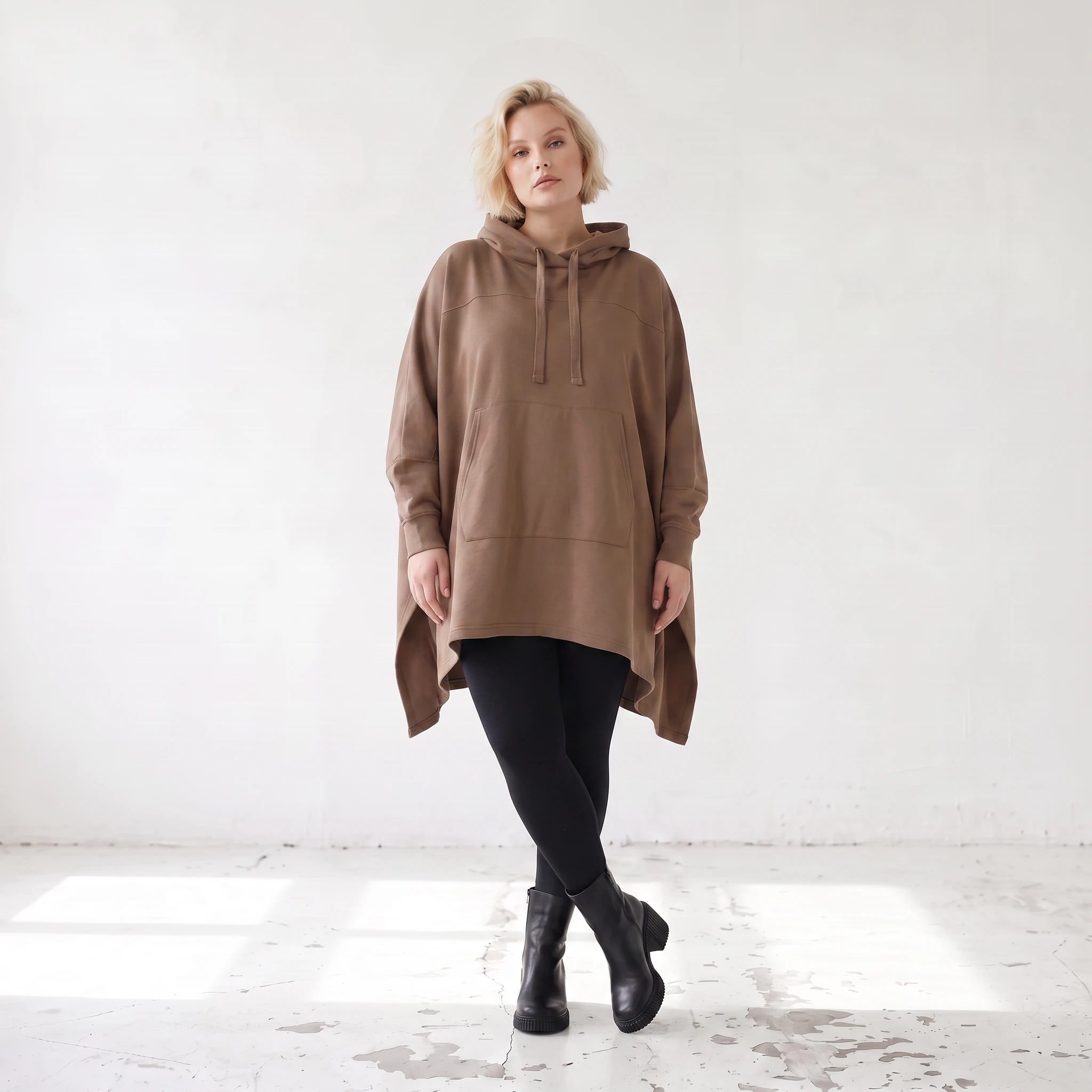 Damen Poncho Lagenlook Baumwolle Braun, kastiger Schnitt, Kapuze, Oversize große Größen – Rafay