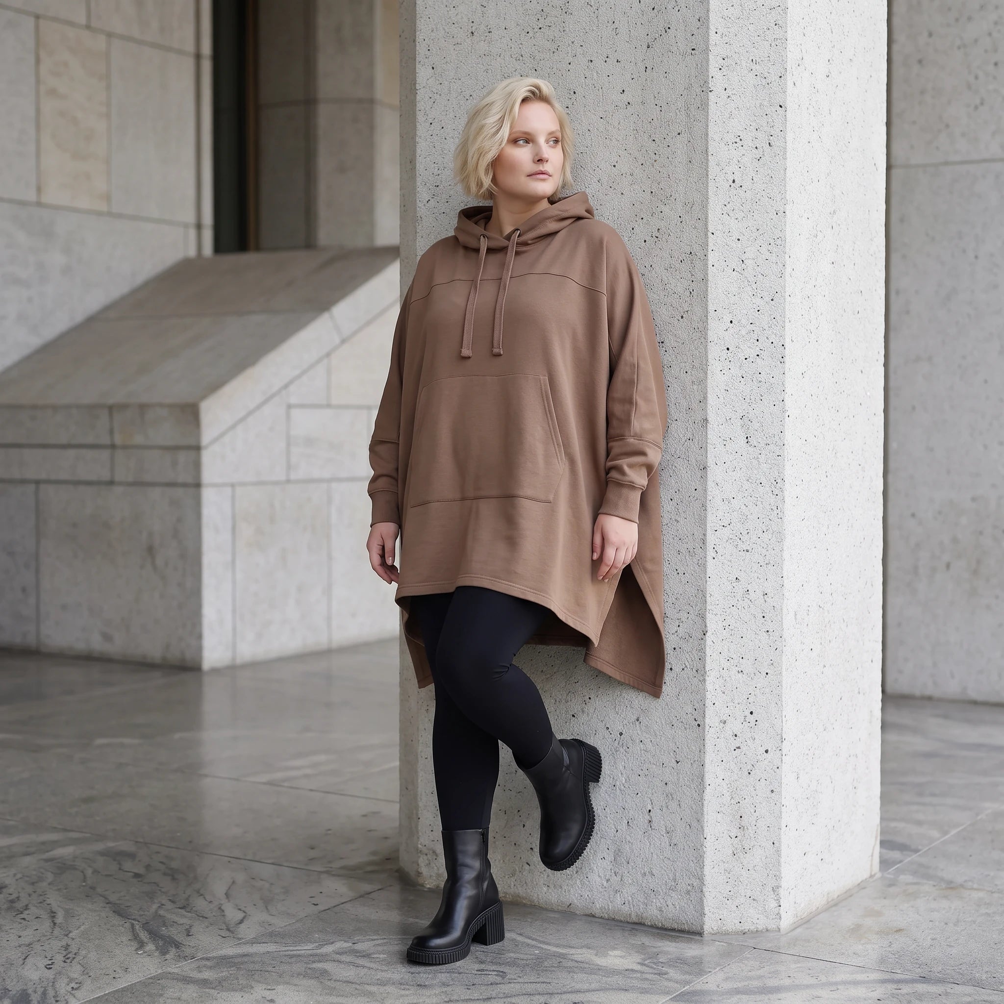 Damen Poncho Lagenlook Baumwolle Braun, kastiger Schnitt, Kapuze, Oversize große Größen – Rafay