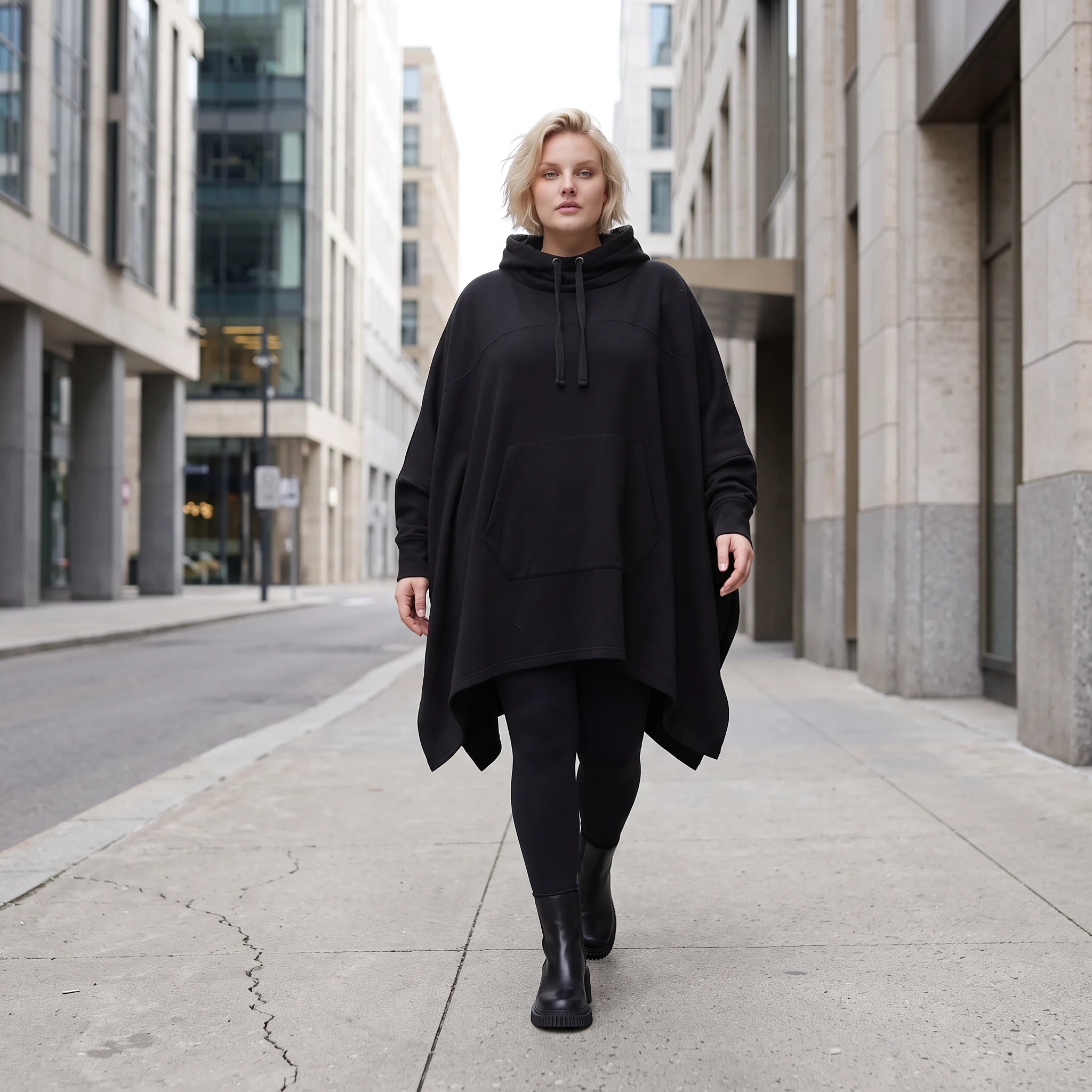 Damen Poncho Lagenlook Baumwolle Schwarz, kastiger Schnitt, Kapuze, Oversize große Größen – Rafay