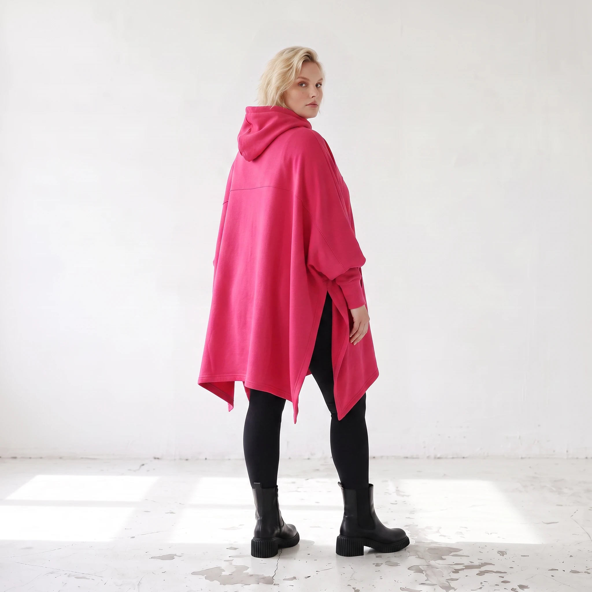 Damen Poncho Lagenlook Baumwolle Pink, kastiger Schnitt, Kapuze, Oversize große Größen – Rafay