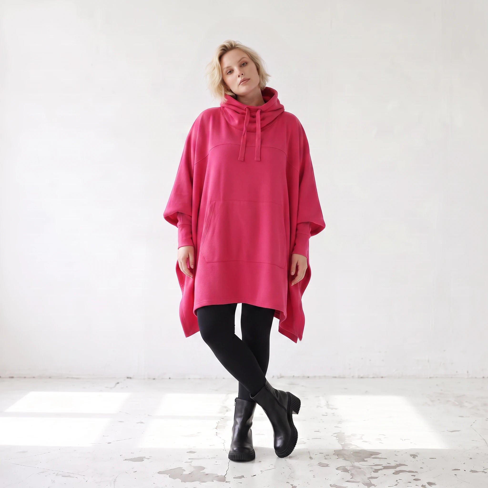 Damen Poncho Lagenlook Baumwolle Pink, kastiger Schnitt, Kapuze, Oversize große Größen – Rafay