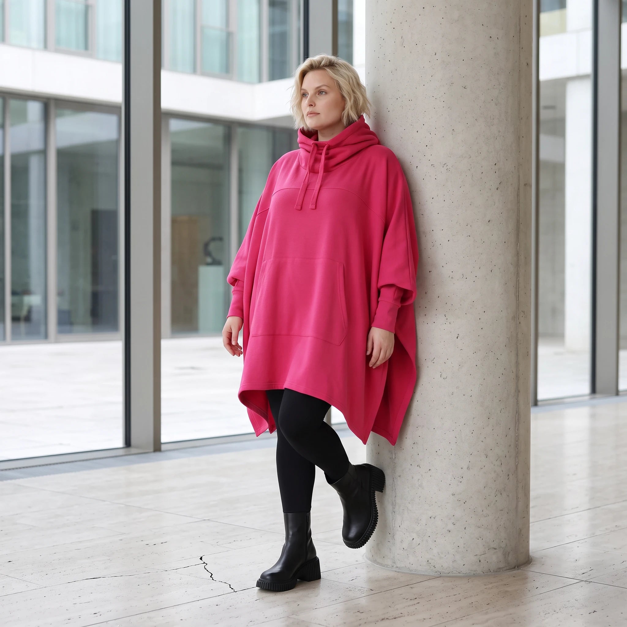 Damen Poncho Lagenlook Baumwolle Pink, kastiger Schnitt, Kapuze, Oversize große Größen – Rafay