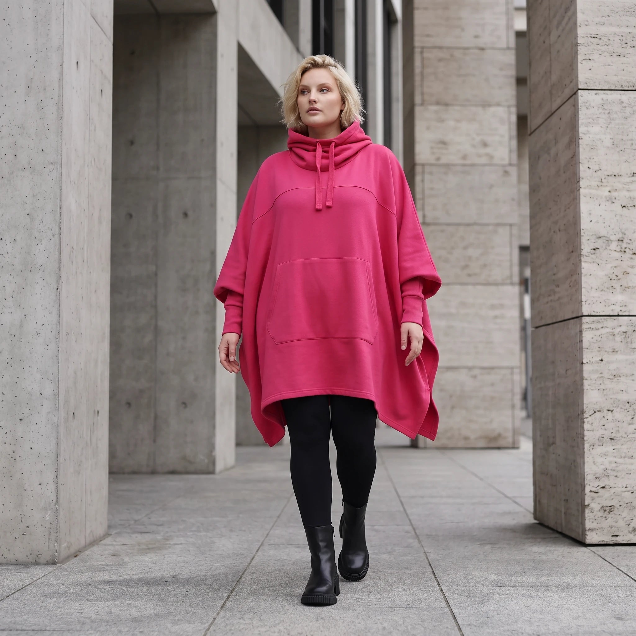 Damen Poncho Lagenlook Baumwolle Pink, kastiger Schnitt, Kapuze, Oversize große Größen – Rafay