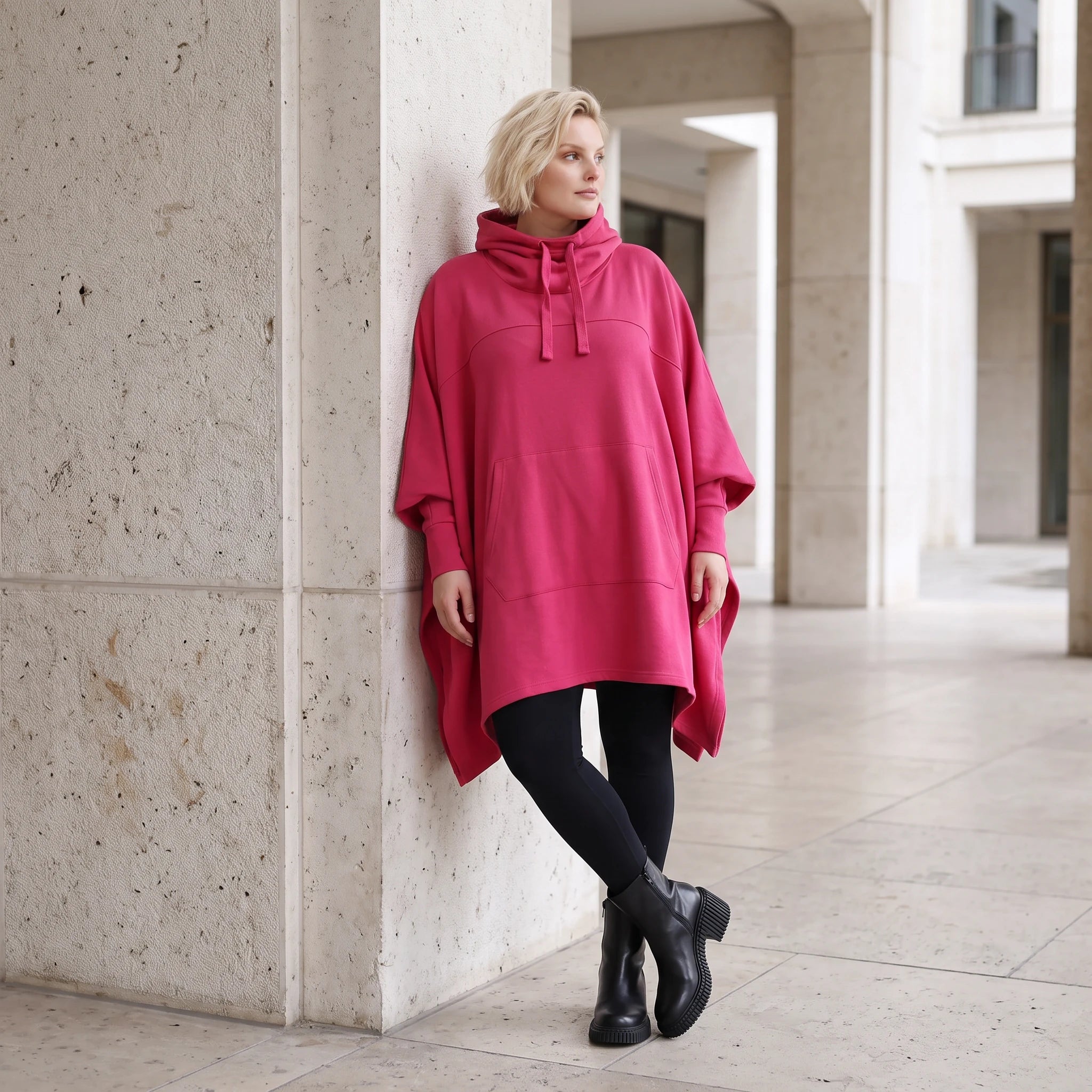 Damen Poncho Lagenlook Baumwolle Pink, kastiger Schnitt, Kapuze, Oversize große Größen – Rafay