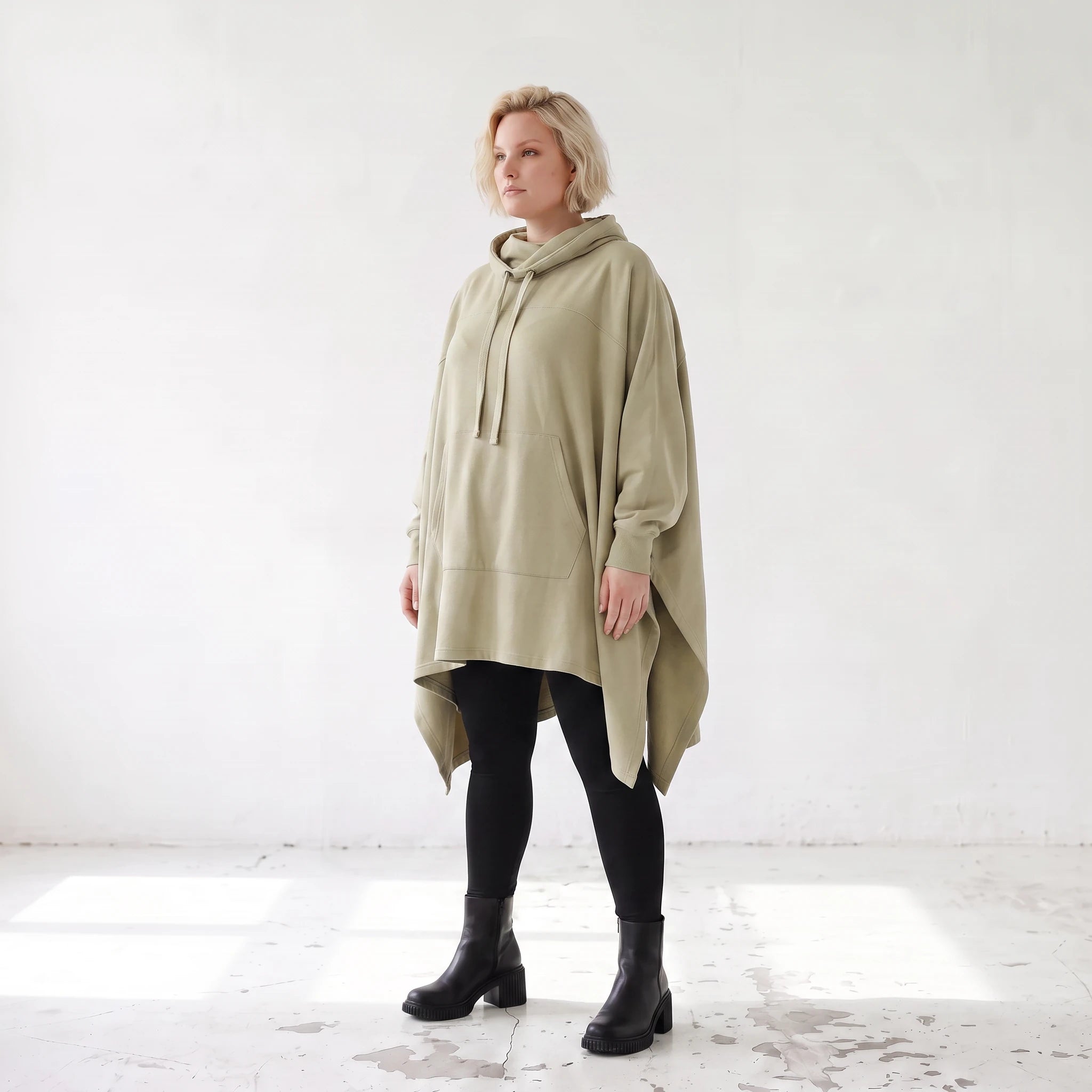 Damen Poncho Lagenlook Baumwolle Beige, kastiger Schnitt, Kapuze, Oversize große Größen – Rafay