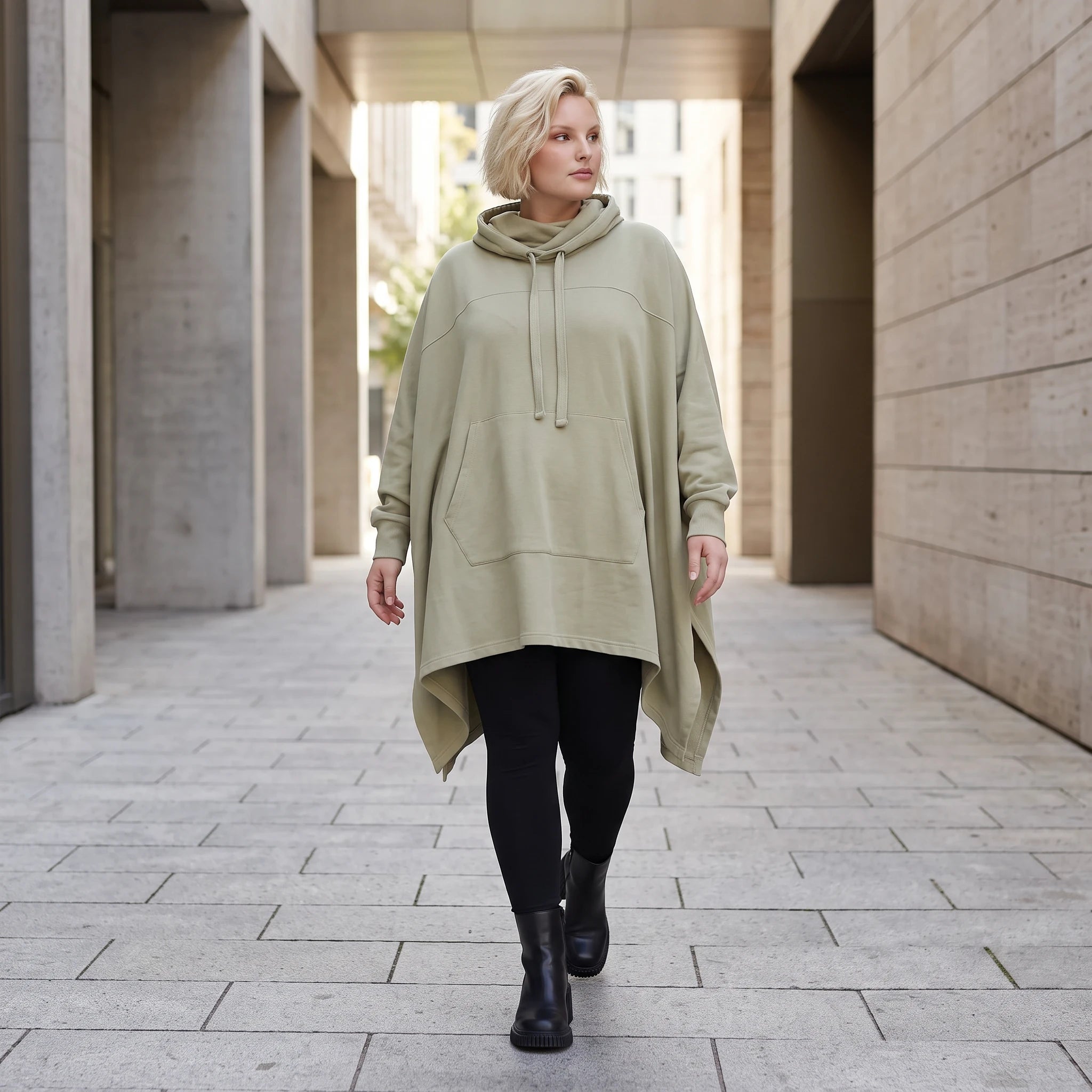 Damen Poncho Lagenlook Baumwolle Beige, kastiger Schnitt, Kapuze, Oversize große Größen – Rafay