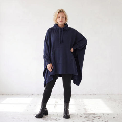 Damen Poncho Lagenlook Baumwolle Dunkelblau, kastiger Schnitt, Kapuze, Oversize große Größen – Rafay