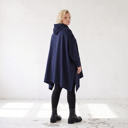 Damen Poncho Lagenlook Baumwolle Dunkelblau, kastiger Schnitt, Kapuze, Oversize große Größen – Rafay