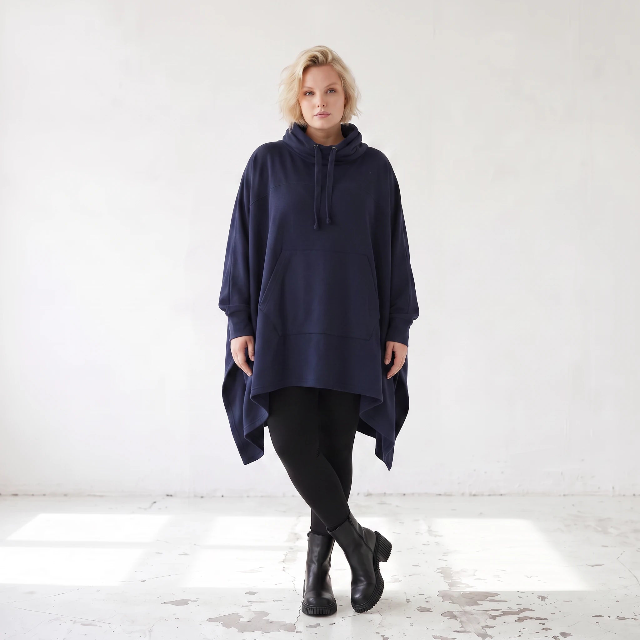 Damen Poncho Lagenlook Baumwolle Dunkelblau, kastiger Schnitt, Kapuze, Oversize große Größen – Rafay