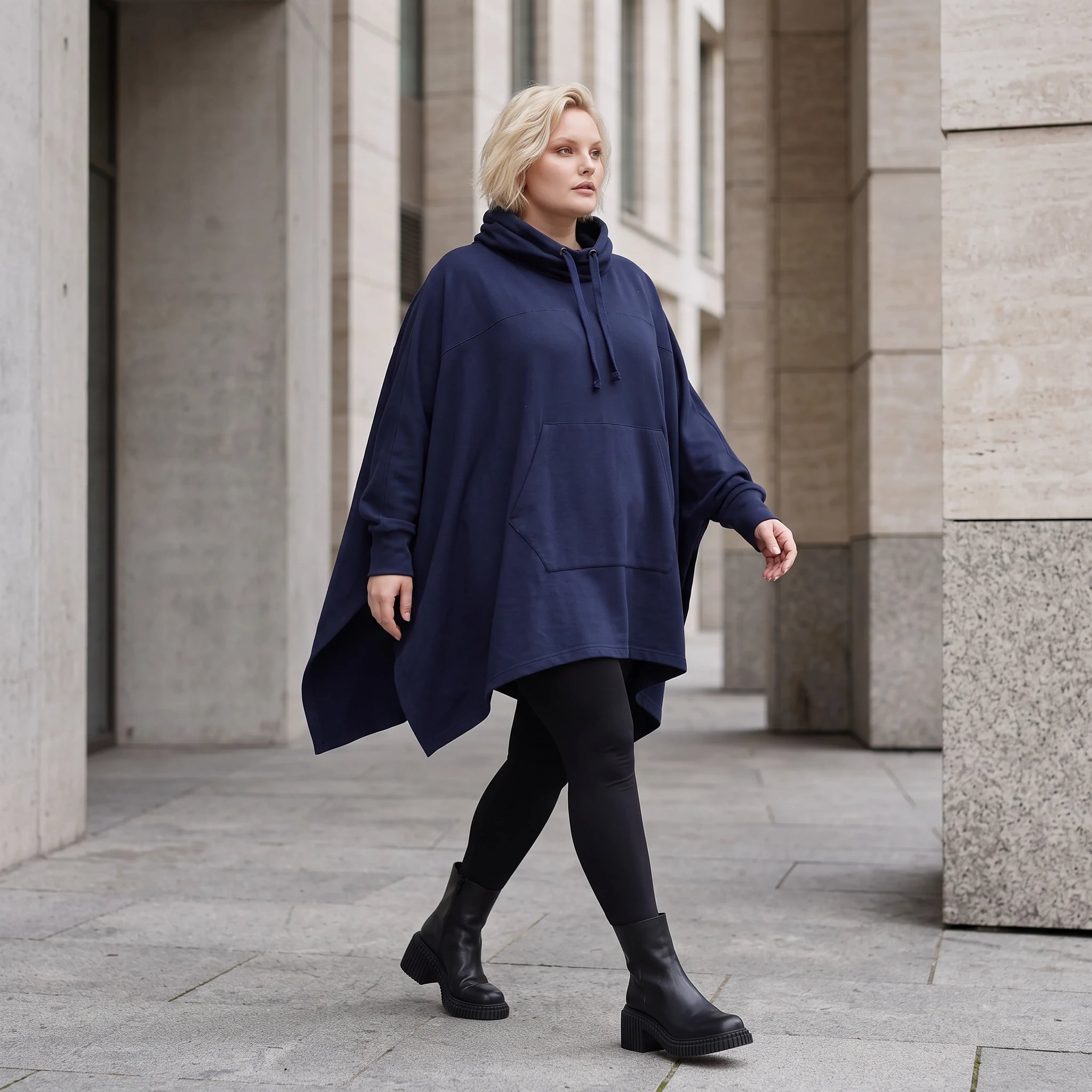 Damen Poncho Lagenlook Baumwolle Dunkelblau, kastiger Schnitt, Kapuze, Oversize große Größen – Rafay