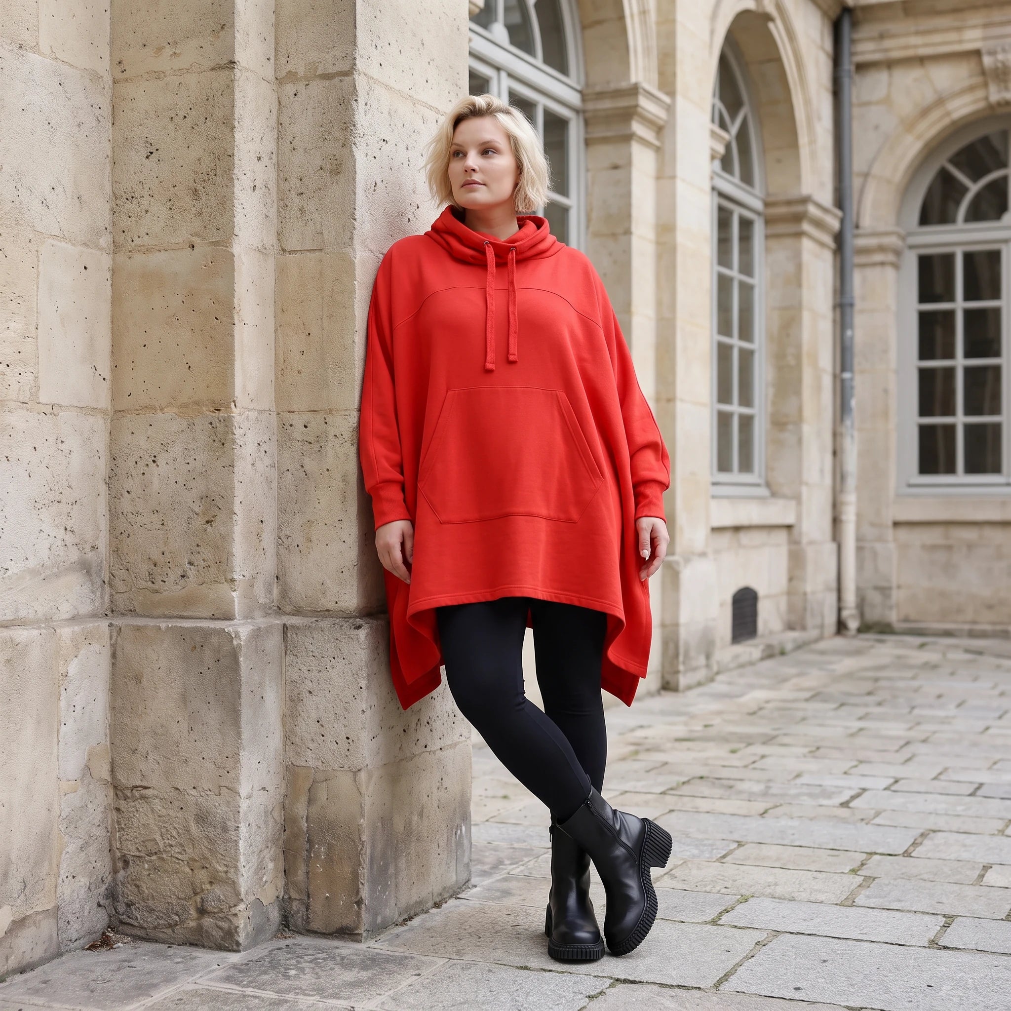 Damen Poncho Lagenlook Baumwolle Rot, kastiger Schnitt, Kapuze, Oversize große Größen – Rafay