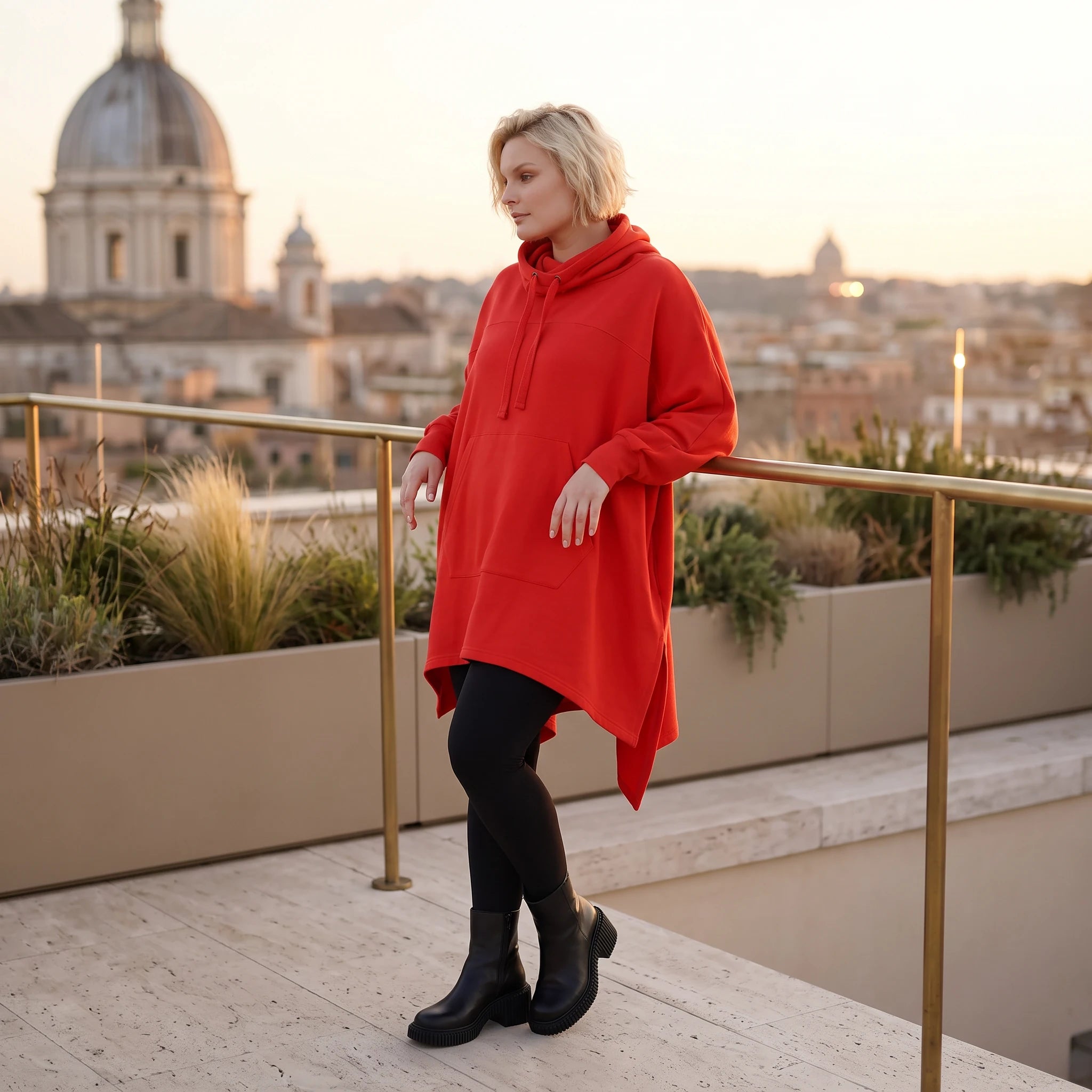 Damen Poncho Lagenlook Baumwolle Rot, kastiger Schnitt, Kapuze, Oversize große Größen – Rafay