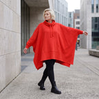 Damen Poncho Lagenlook Baumwolle Rot, kastiger Schnitt, Kapuze, Oversize große Größen – Rafay