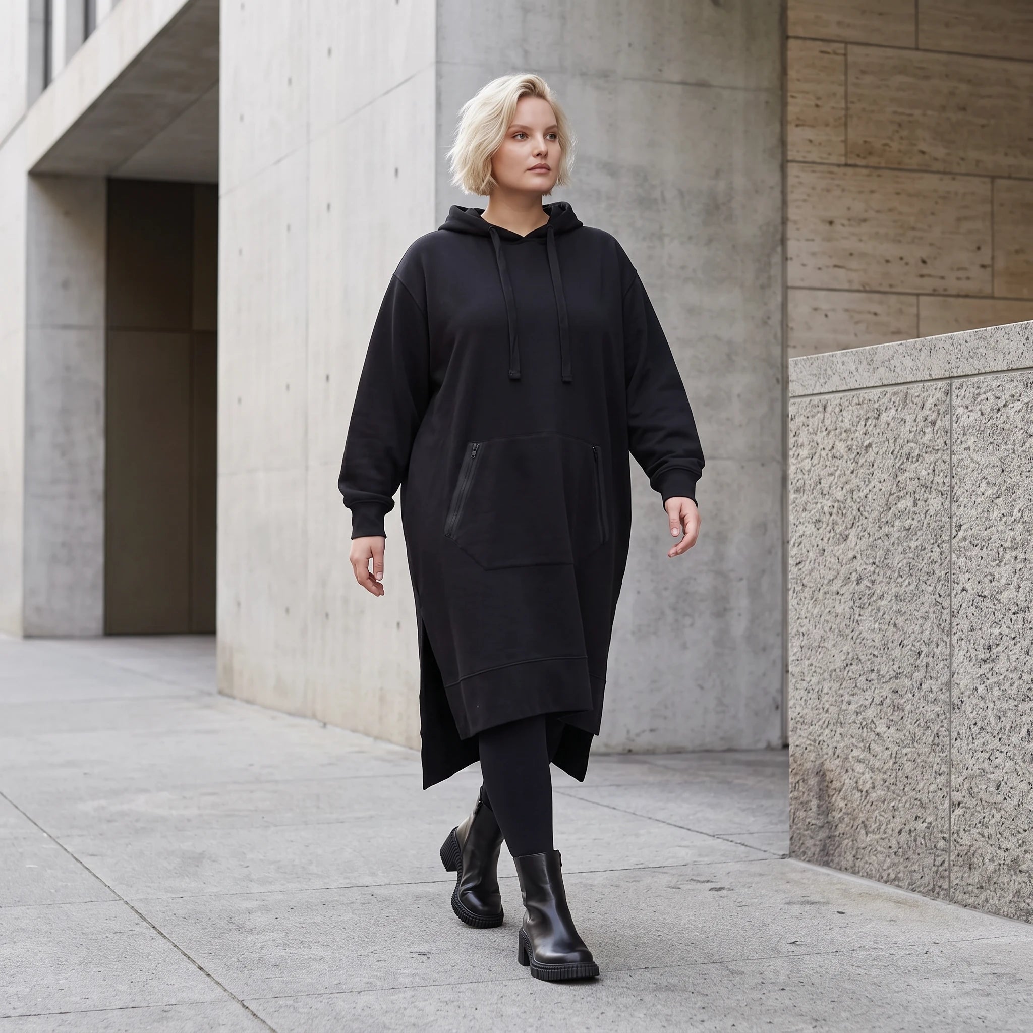 Damen Hoody Lagenlook Baumwolle Schwarz, gerader Schnitt, Kapuze, Oversize große Größen – Rafay