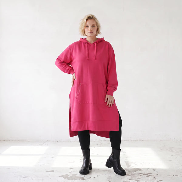 Damen Hoody Lagenlook Baumwolle Pink, gerader Schnitt, Langarm, Kapuze, Oversize große Größen – Rafay