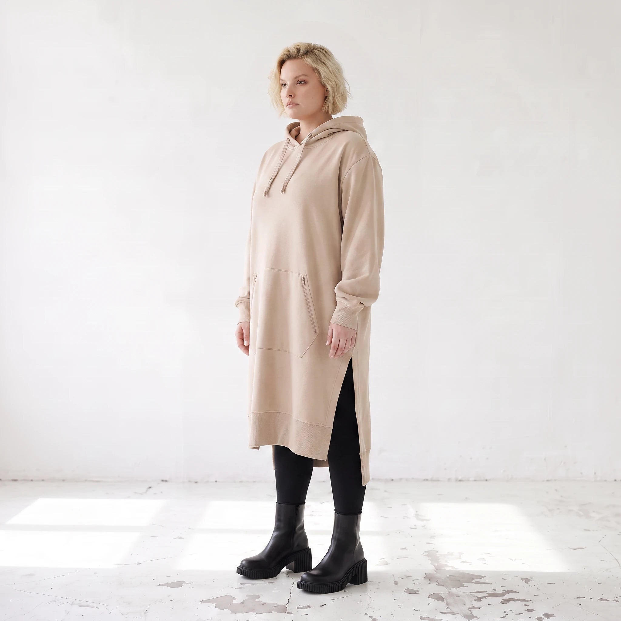 Damen Hoody Lagenlook Baumwolle Sand, gerader Schnitt, Kapuze, Oversize große Größen – Rafay