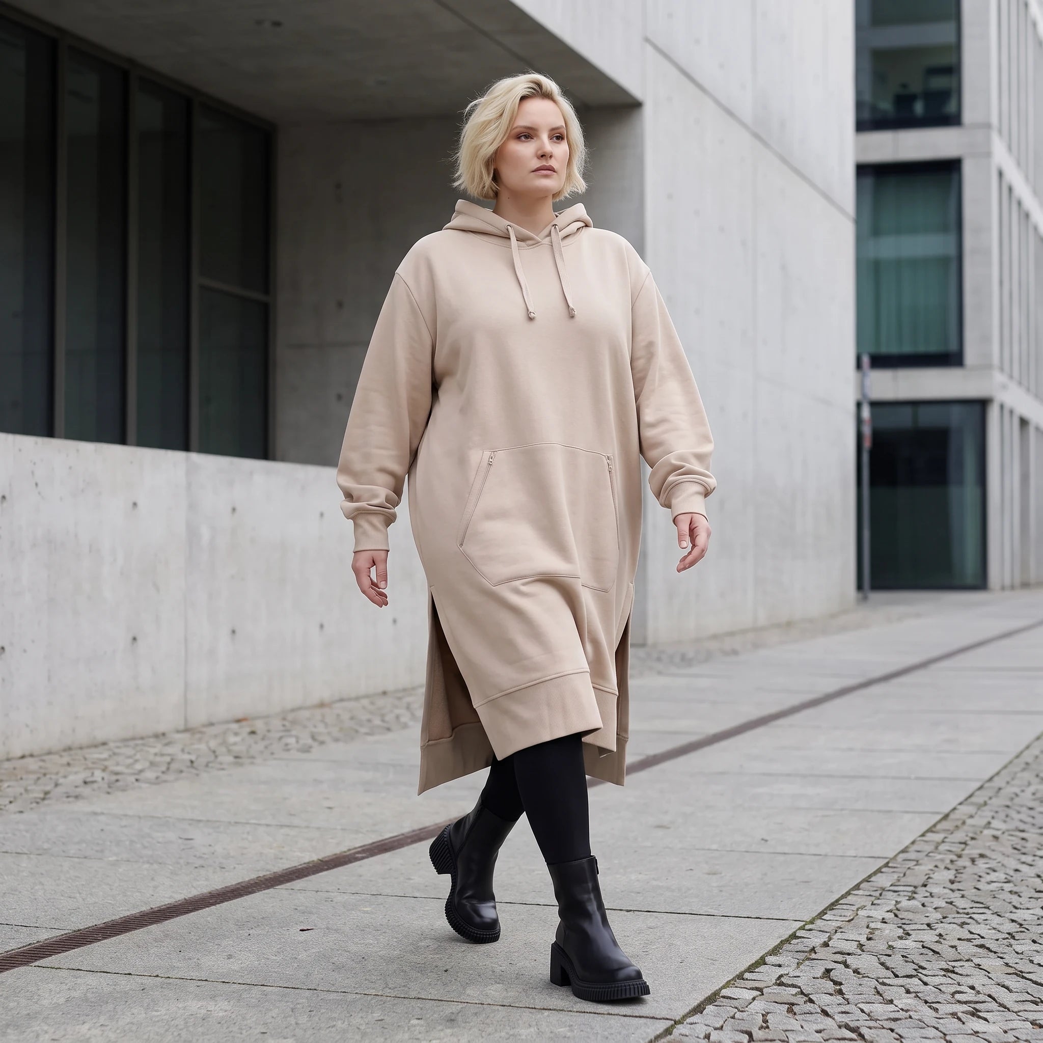 Damen Hoody Lagenlook Baumwolle Sand, gerader Schnitt, Kapuze, Oversize große Größen – Rafay