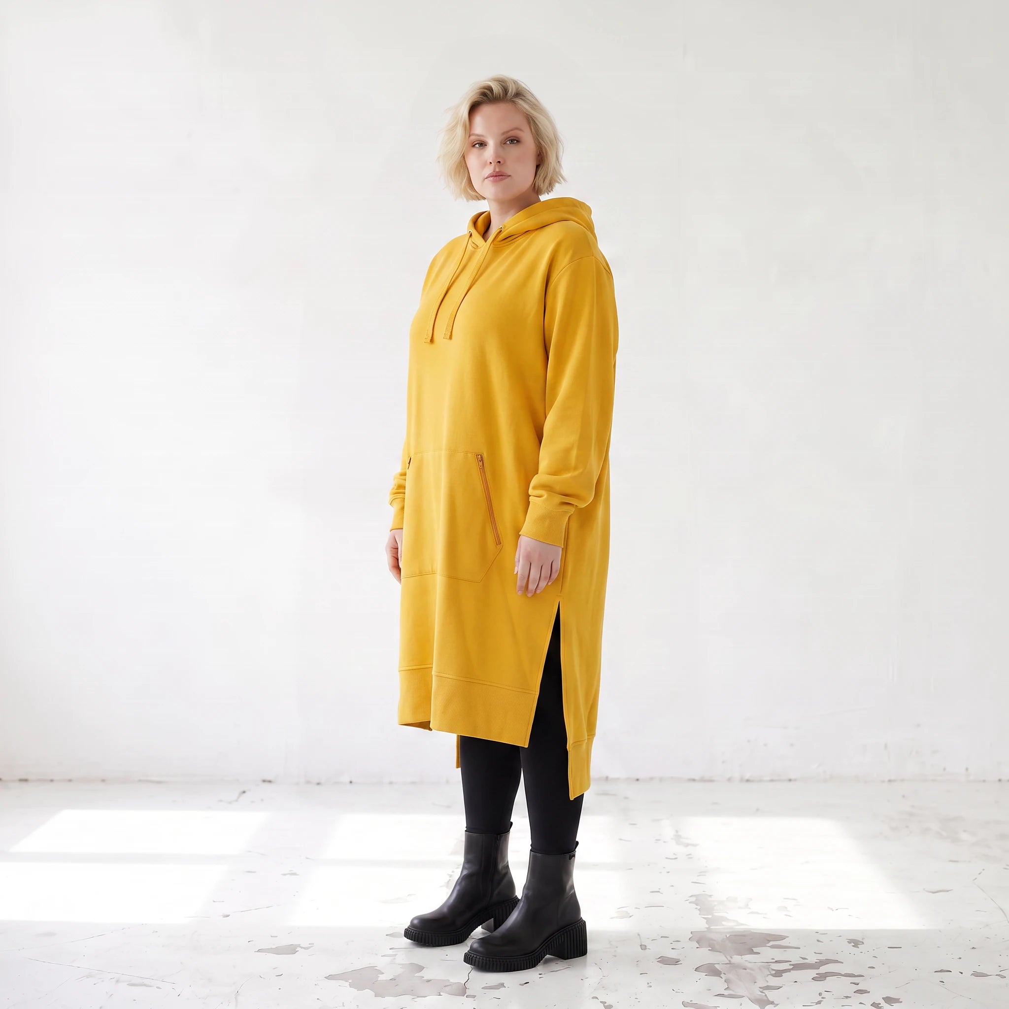 Damen Hoody Lagenlook Baumwolle Senfgelb, gerader Schnitt, Kapuze, Oversize große Größen – Rafay