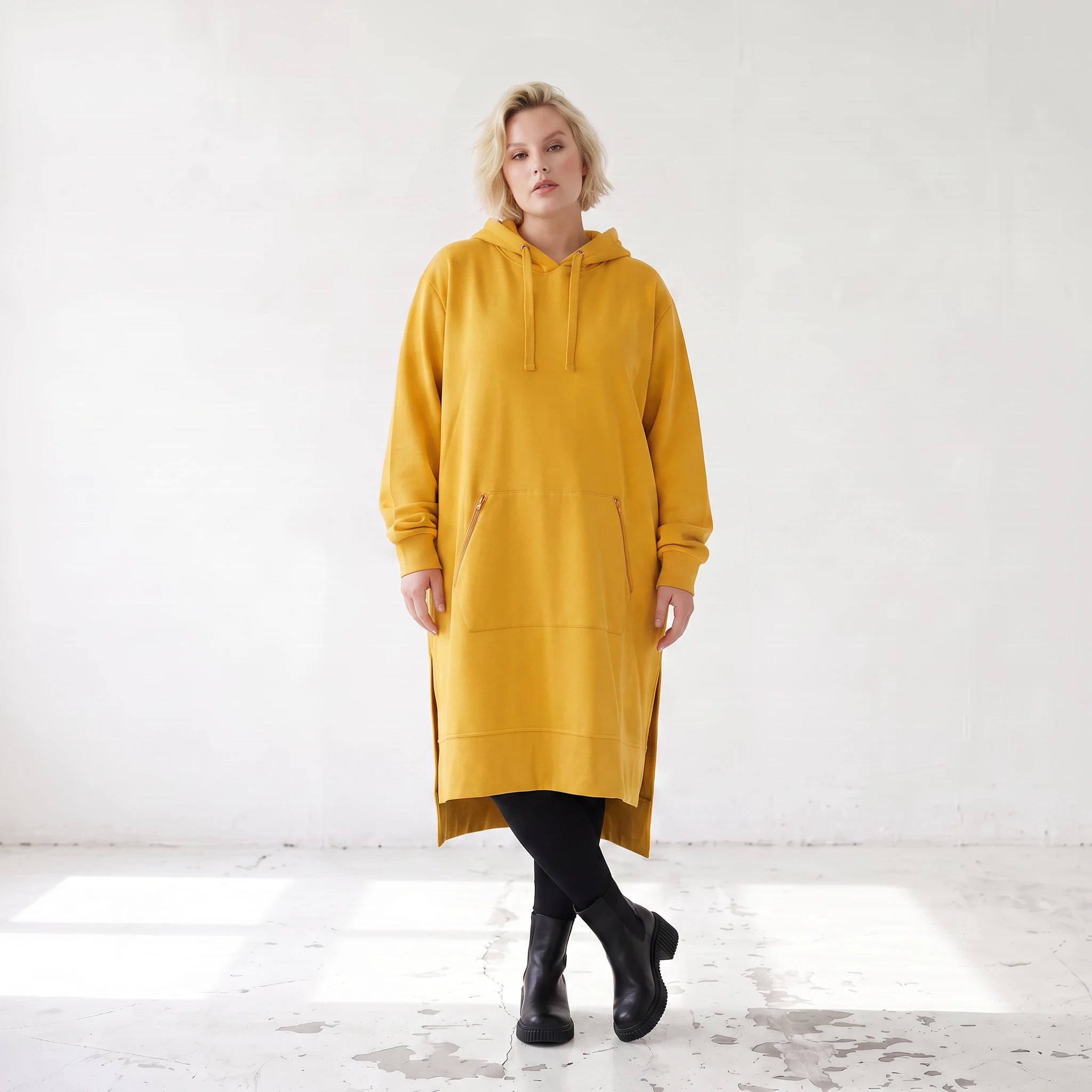 Damen Hoody Lagenlook Baumwolle Senfgelb, gerader Schnitt, Kapuze, Oversize große Größen – Rafay