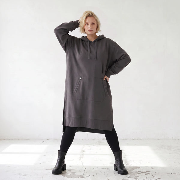 Damen Hoody Lagenlook Baumwolle Dunkelgrau, gerader Schnitt, Kapuze, Oversize große Größen – Rafay