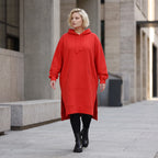 Damen Hoody Lagenlook Baumwolle Rot, gerader Schnitt, Kapuze, Oversize große Größen – Rafay