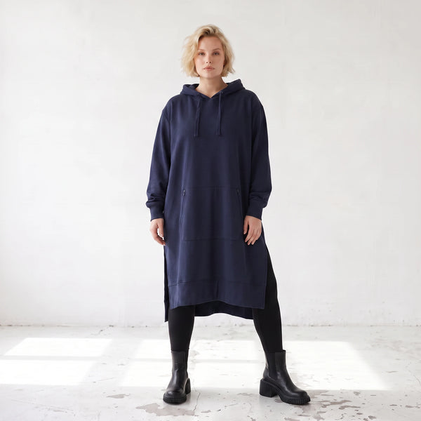 Damen Hoody Lagenlook Baumwolle Dunkelblau, gerader Schnitt, Langarm, Kapuze, Oversize große Größen – Rafay