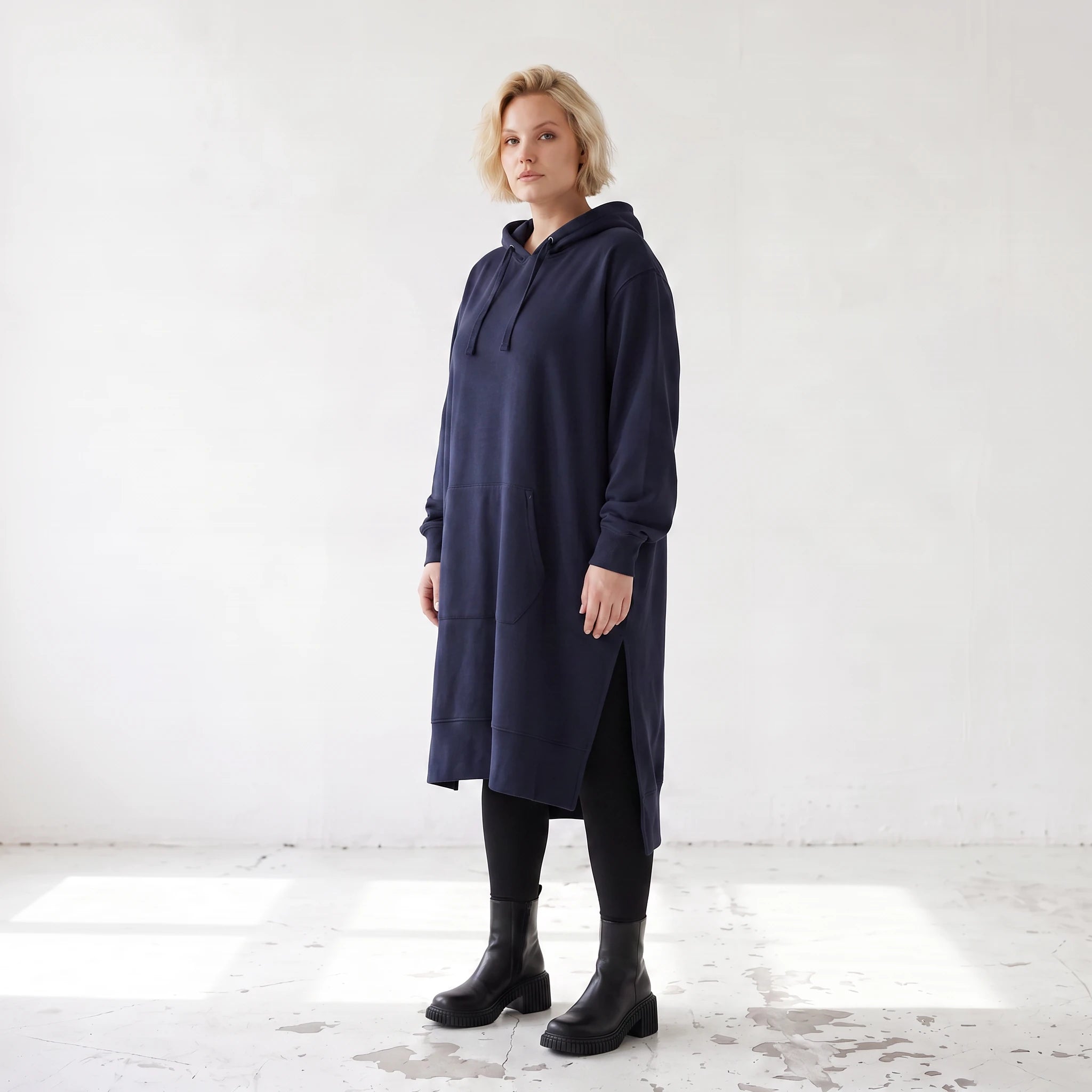 Damen Hoody Lagenlook Baumwolle Dunkelblau, gerader Schnitt, Langarm, Kapuze, Oversize große Größen – Rafay