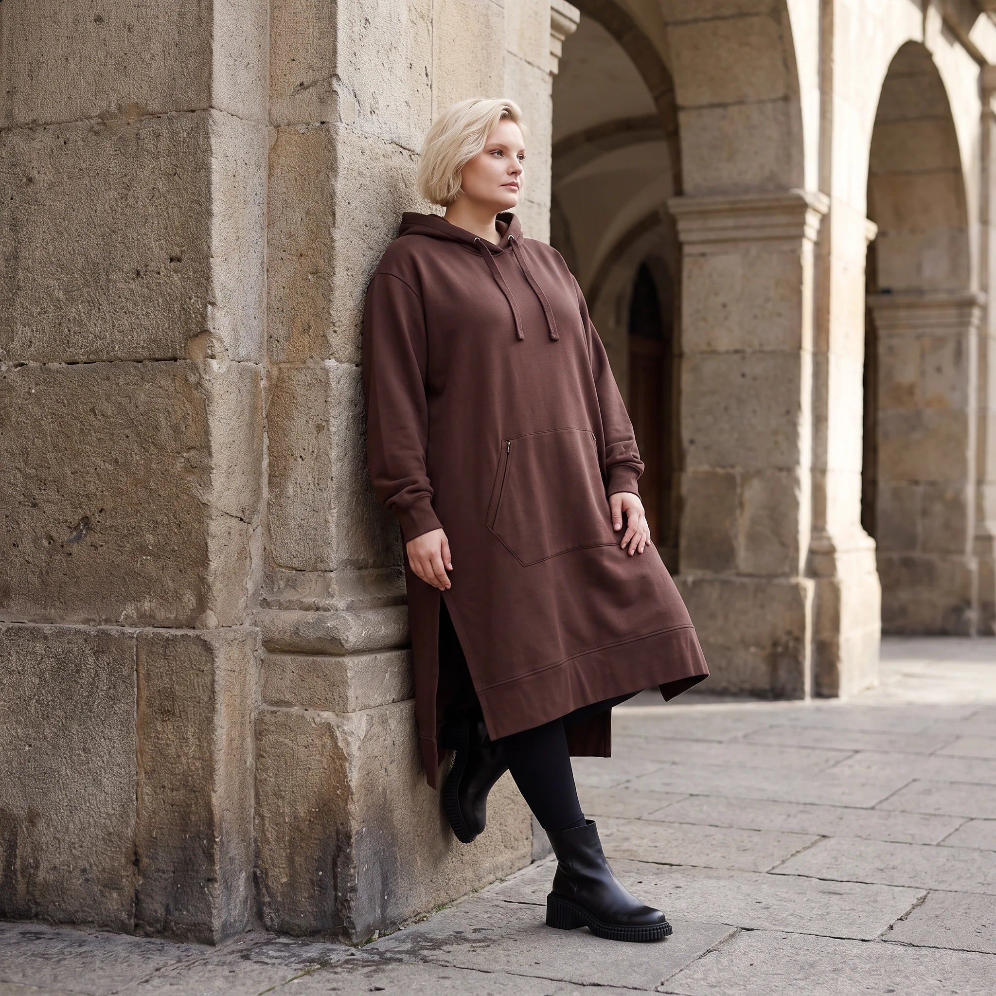 Damen Hoody Lagenlook Baumwolle Schokobraun, gerader Schnitt, Langarm, Kapuze, Oversize große Größen – Rafay