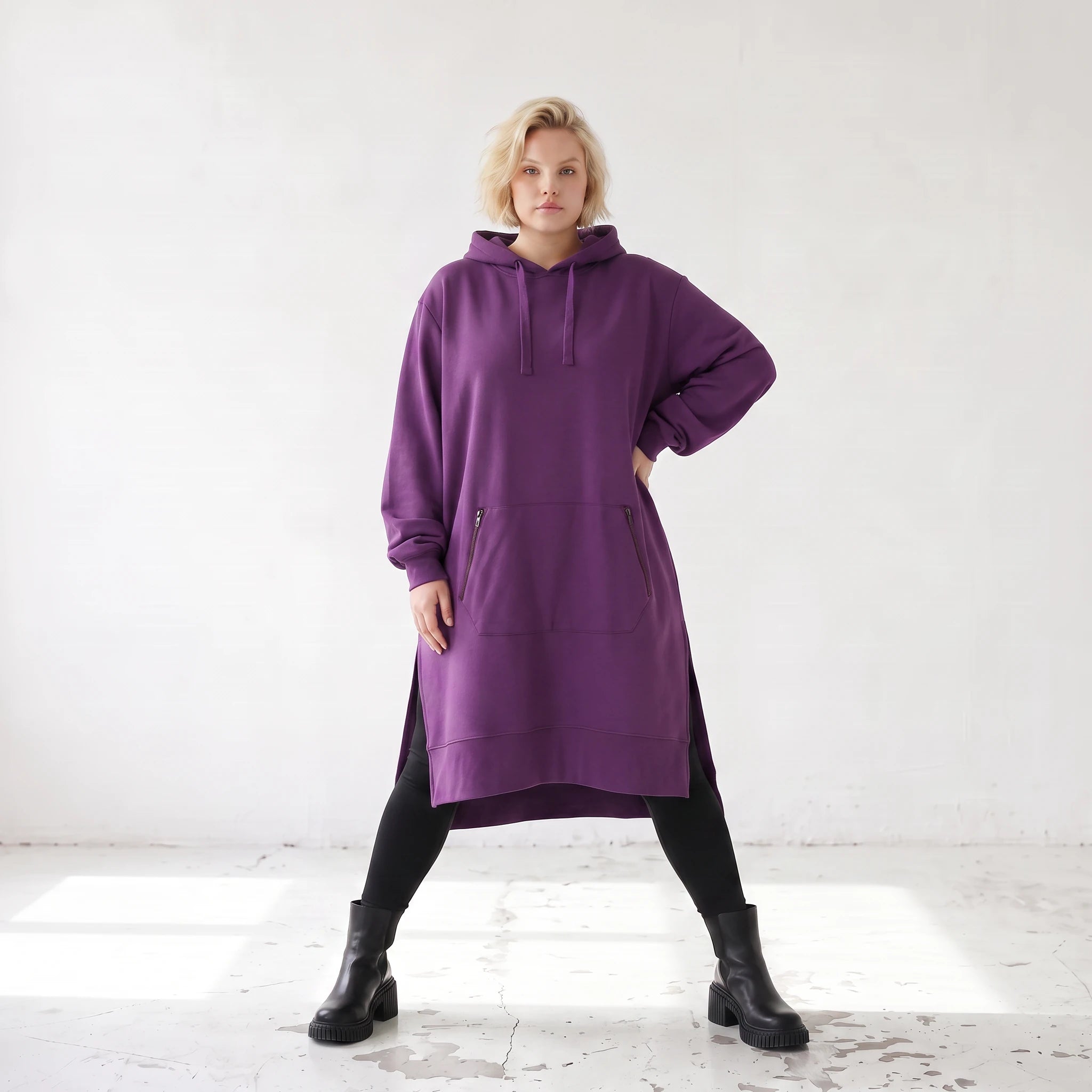 Damen Hoody Lagenlook Baumwolle Lila, gerader Schnitt, Langarm, Kapuze, Oversize große Größen – Rafay
