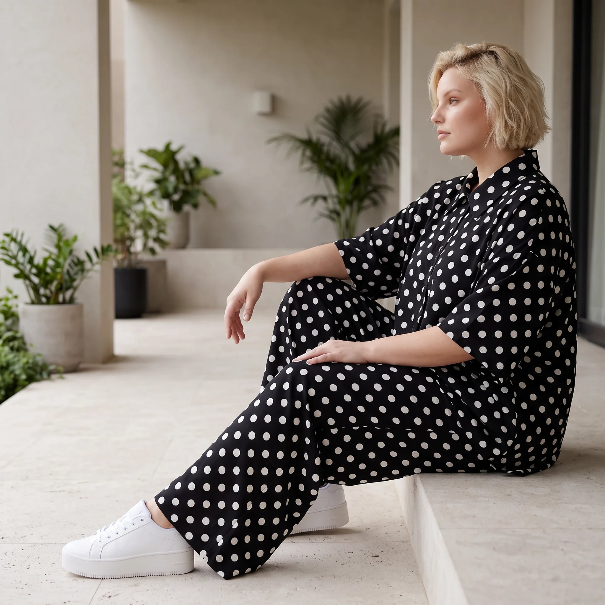 Damen Hose Lagenlook Viskose Schwarz/Weiß, Punkte, Oversize große Größen – AKH Premium
