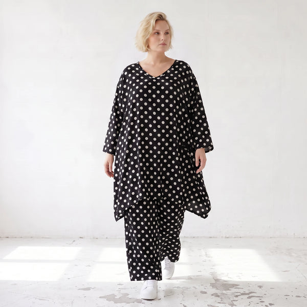 Damen Shirt Lagenlook Viskose Schwarz/Weiß, A-Linie, Punkte, 3/4-Arm, Oversize große Größen – AKH Premium