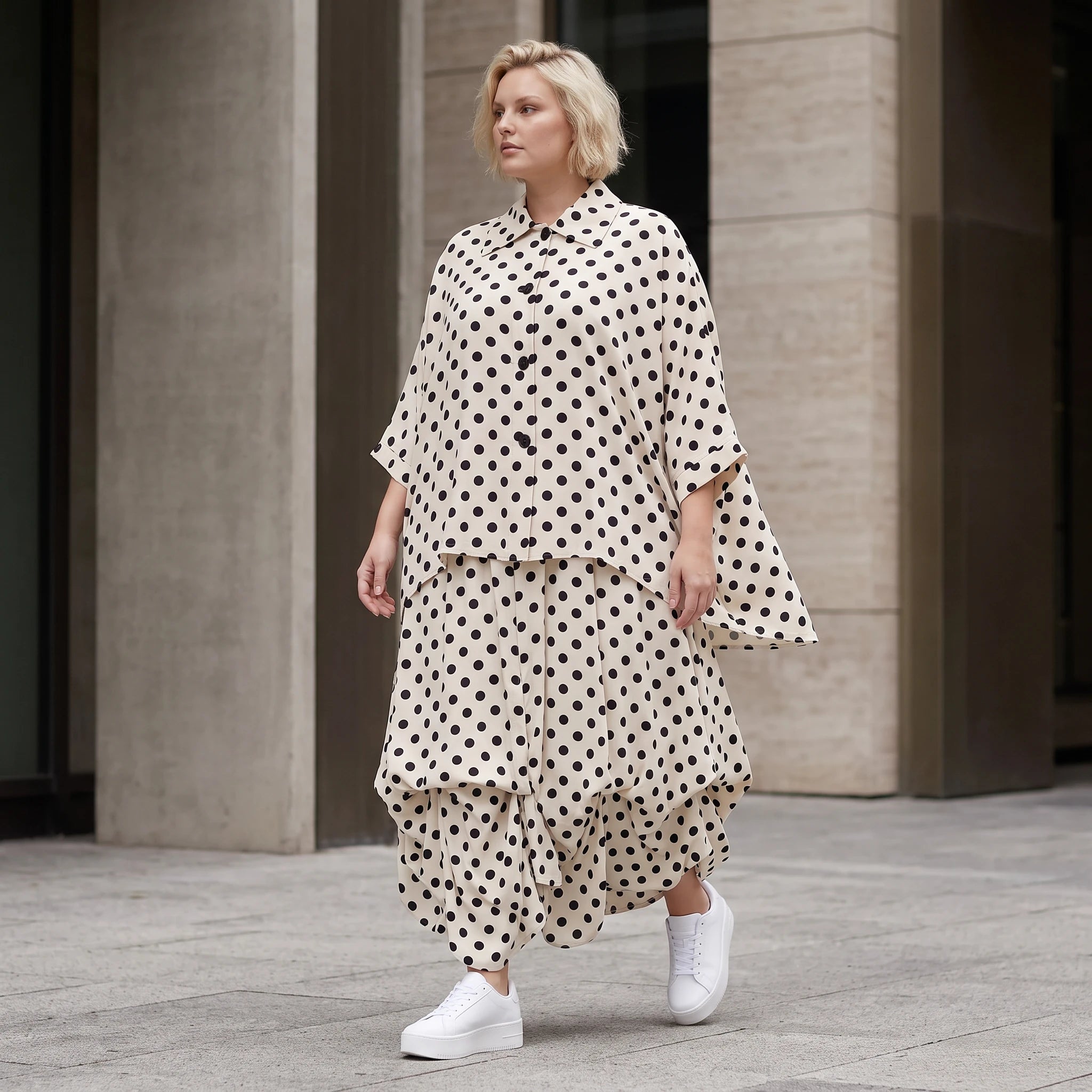 Damen Rock Lagenlook Viskose White/Schwarz, Ballonform, Punkte, Elastikbund, Oversize große Größen – AKH Premium
