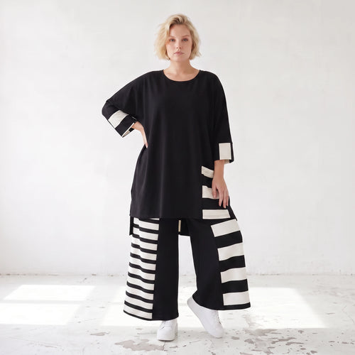 Damen Shirt Lagenlook Rayon Schwarz/Weiß, Vokuhila, Oversize große Größen – AKH Premium