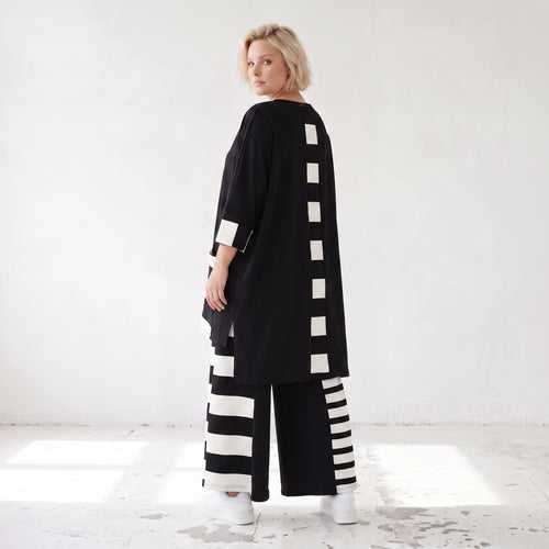 Damen Shirt Lagenlook Rayon Schwarz/Weiß, Vokuhila, Oversize große Größen – AKH Premium