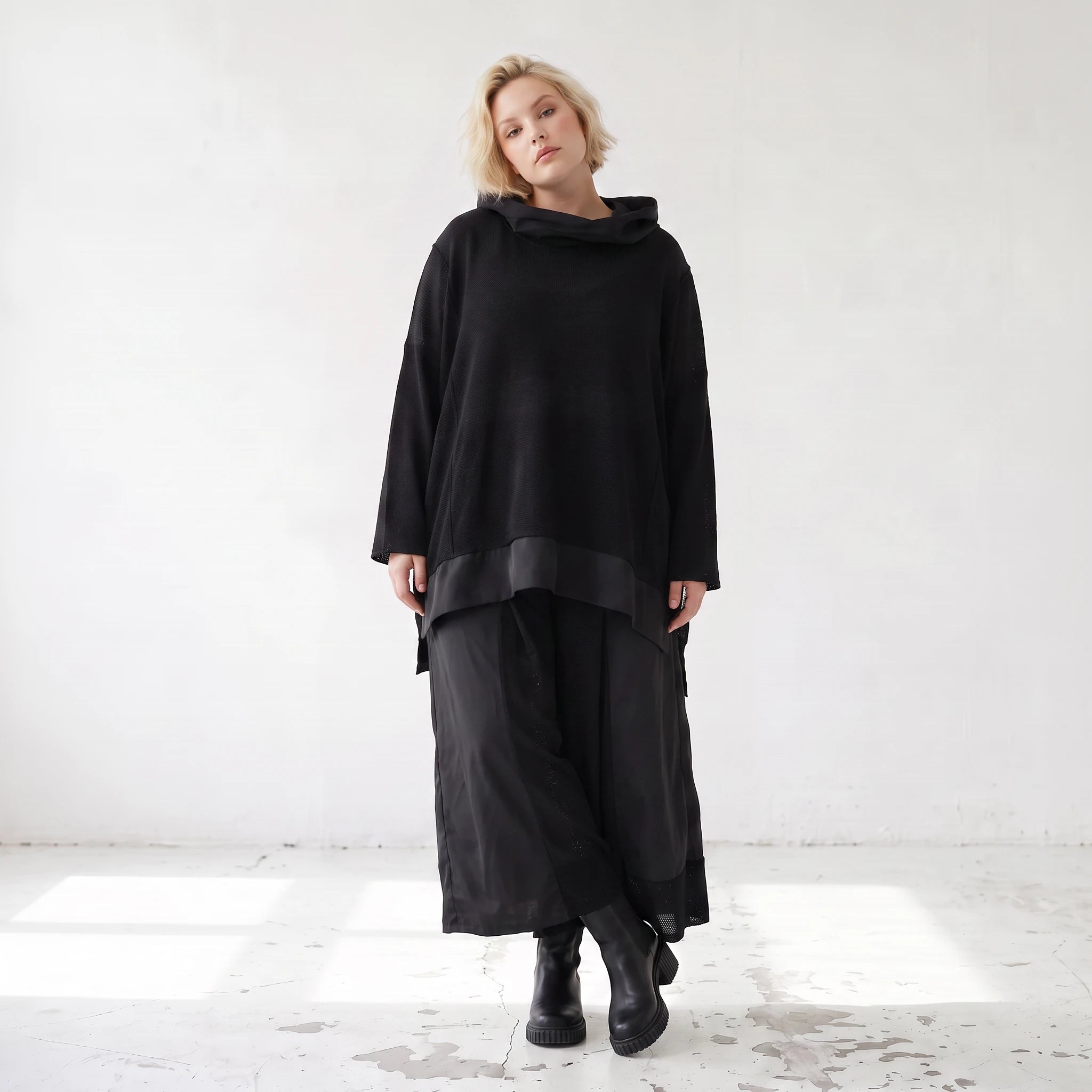 Damen Shirt Lagenlook Baumwolle Schwarz, vorne kurz hinten lang, Langarm, Oversize große Größen – AKH Premium