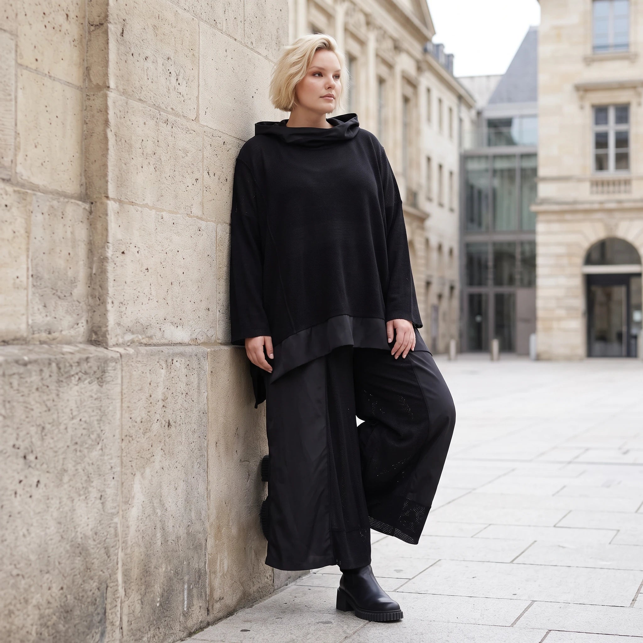 Damen Shirt Lagenlook Baumwolle Schwarz, vorne kurz hinten lang, Langarm, Oversize große Größen – AKH Premium