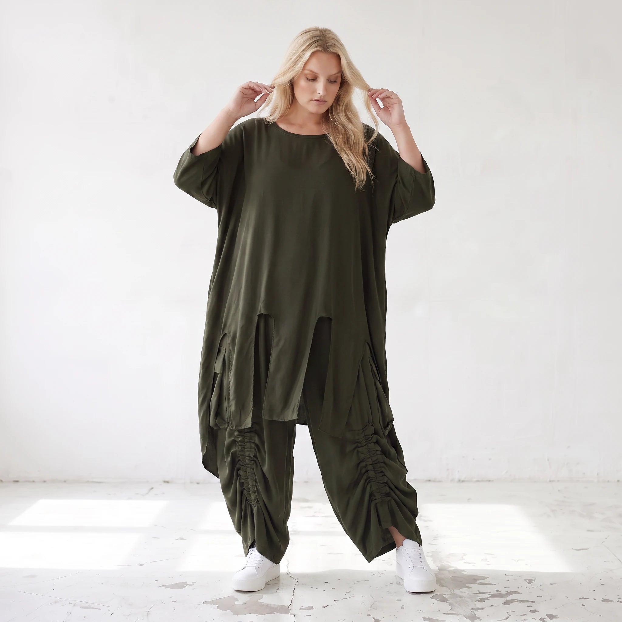 Damen Shirt Lagenlook Lyocell Khaki, A-Linie, Oversize große Größen – AKH Premium