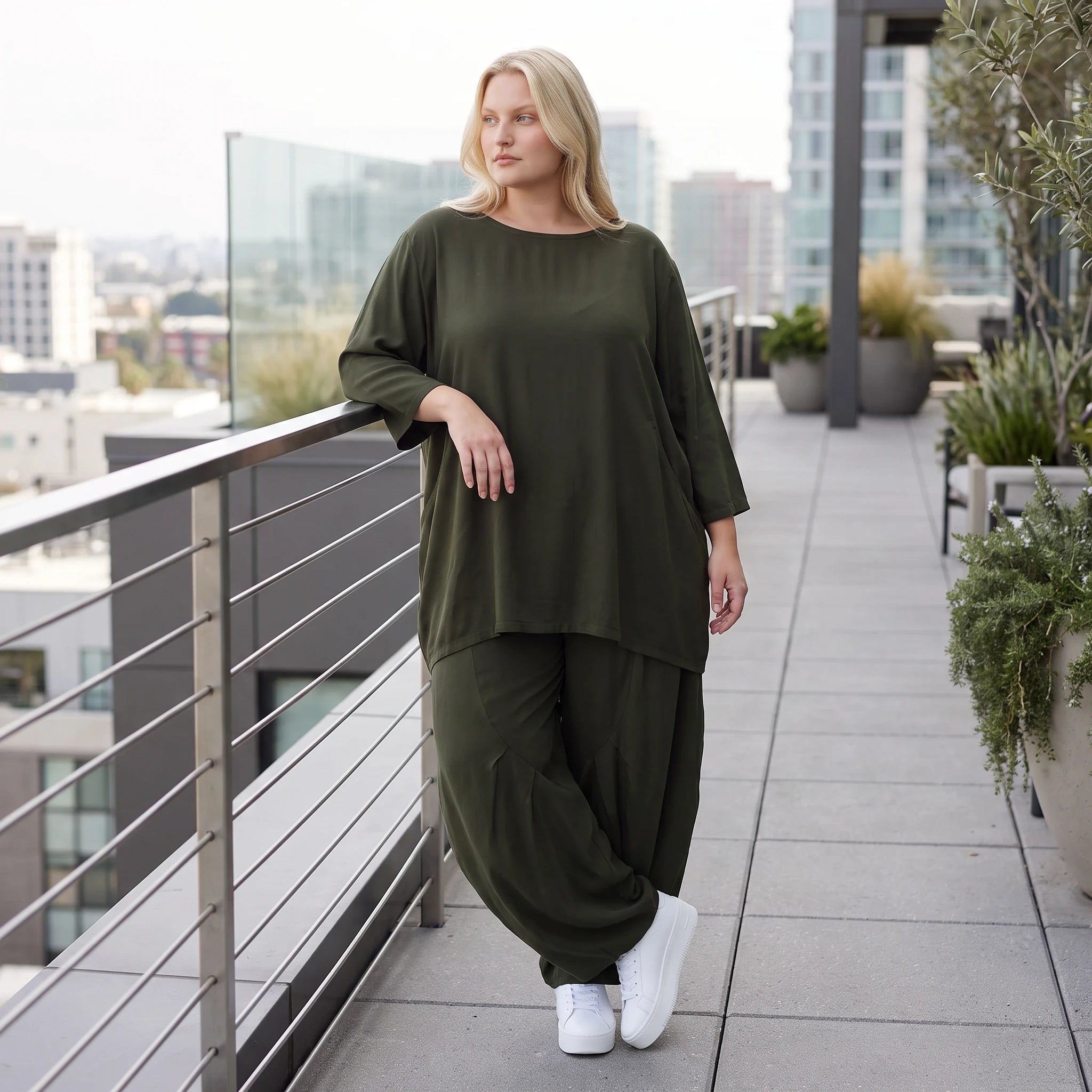 Damen Hose Lagenlook Lyocell Khaki, Ballonschnitt, Oversize große Größen – AKH Premium