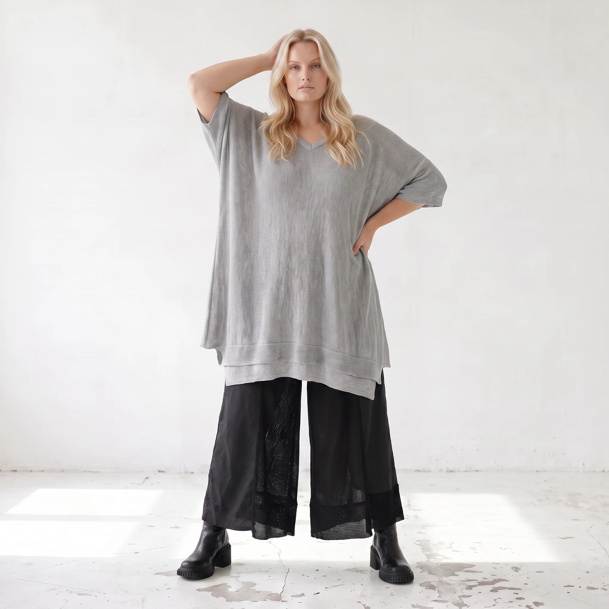 Damen Shirt Lagenlook Baumwolle Grau, A-Form, Langarm, V-Ausschnitt, Oversize große Größen – AKH Premium