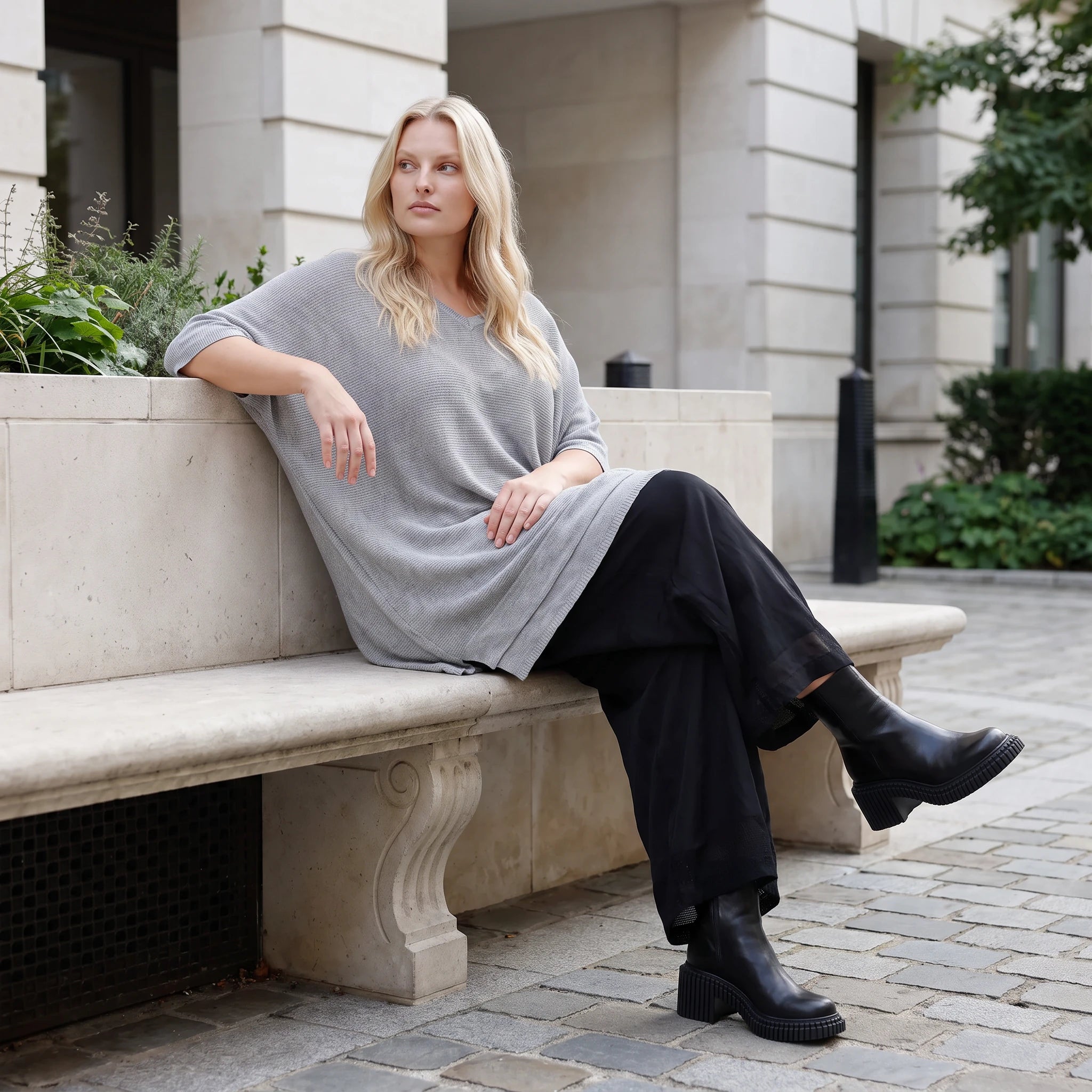 Damen Shirt Lagenlook Baumwolle Grau, A-Form, Langarm, V-Ausschnitt, Oversize große Größen – AKH Premium