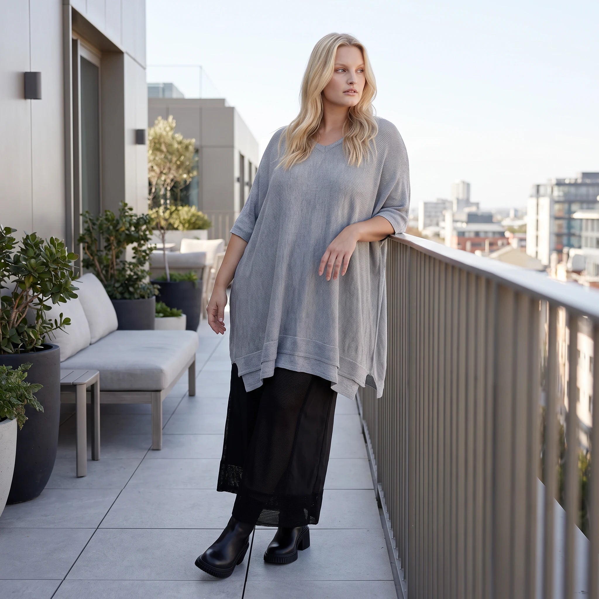 Damen Shirt Lagenlook Baumwolle Grau, A-Form, Langarm, V-Ausschnitt, Oversize große Größen – AKH Premium