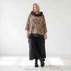 Damen Shirt Lagenlook Viskose Schwarz/Braun, asymmetrisch, Langarm, Kapuze, Oversize große Größen – AKH Premium