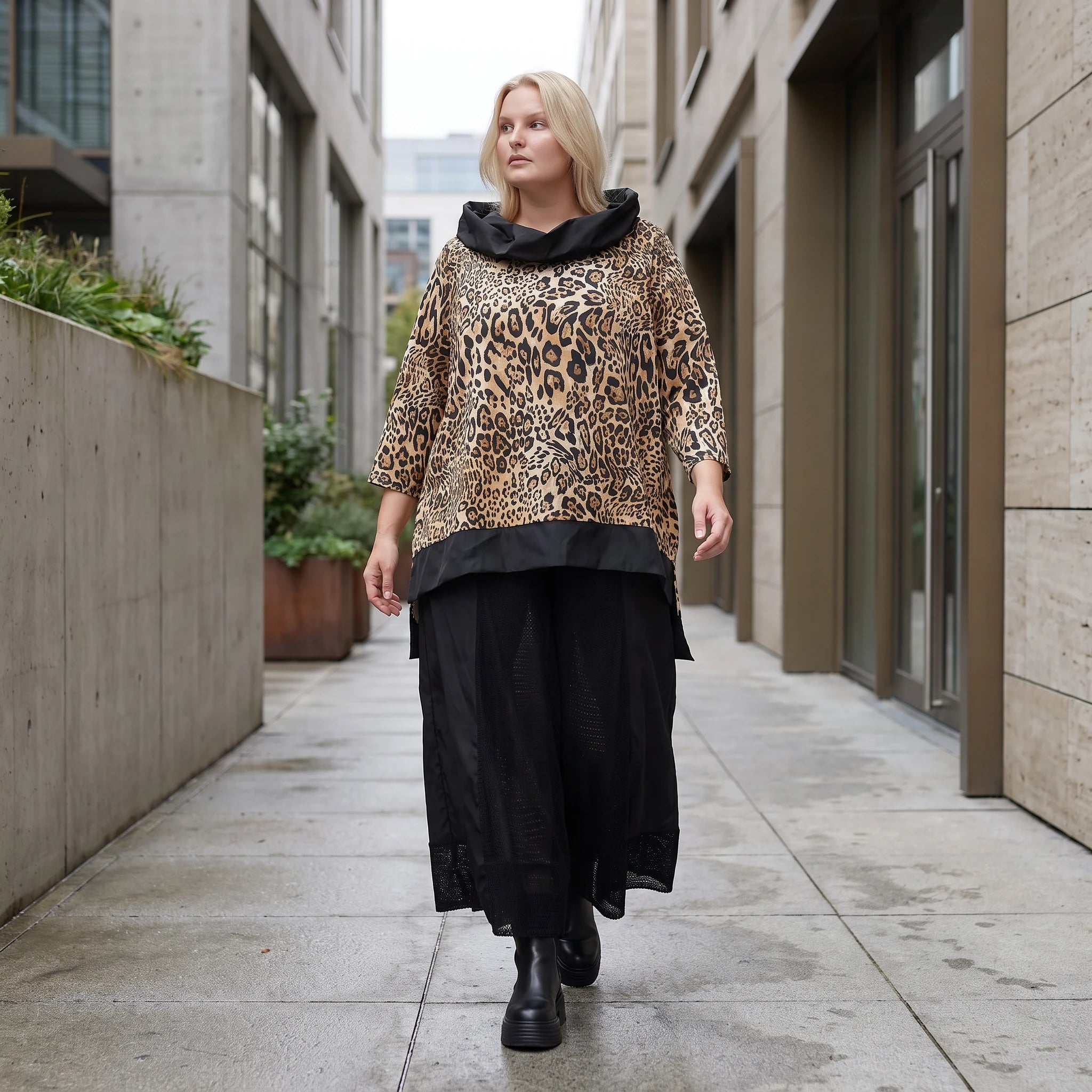 Damen Shirt Lagenlook Viskose Schwarz/Braun, asymmetrisch, Langarm, Kapuze, Oversize große Größen – AKH Premium