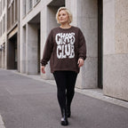 Braunes Sweatshirt mit Chaos Club Print aus French Terry und sichtbaren Außennähten
