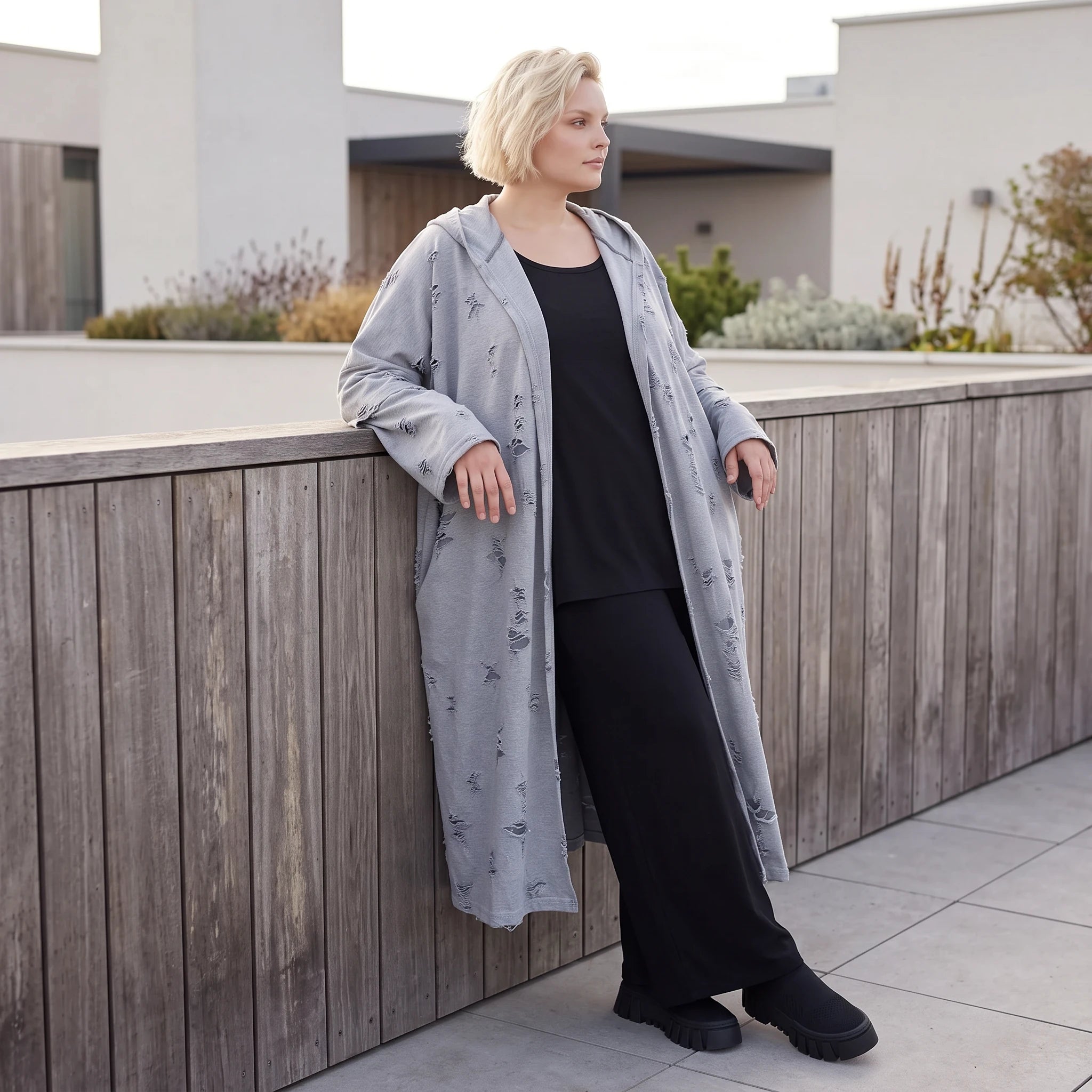 Jerseycardigan in Dusty Grey mit Kapuze aus Baumwolle und Elasthan mit geradem Schnitt