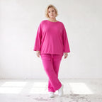 Langarmshirt in Fuchsia aus Travellerstoff mit Stretch kastig geschnitten mit Tunnelzug