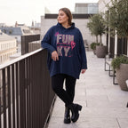 Dunkelblaues Kapuzensweatshirt mit Leoprint aus French Terry mit gerader Silhouette