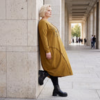 French Terry Kleid in OldCamel mit Elasthan in Ballonform locker weich Made in Italy