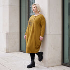 French Terry Kleid in OldCamel mit Elasthan in Ballonform locker weich Made in Italy